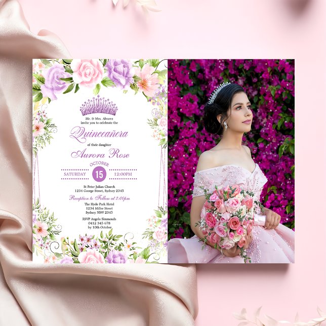 Purple Floral Quinceañera 15th Birthday Photo Invitation (Creator Uploaded)