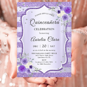 Purple  Floral Quinceanera birthday Invitation