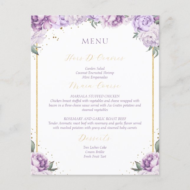 Purple Floral Quinceañera Budget Friendly Menu (Front)