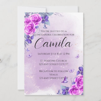Purple Floral Quinceañera Editable Invitation