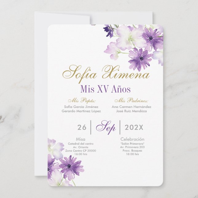 Purple Floral Quinceanera Invitation (Front)