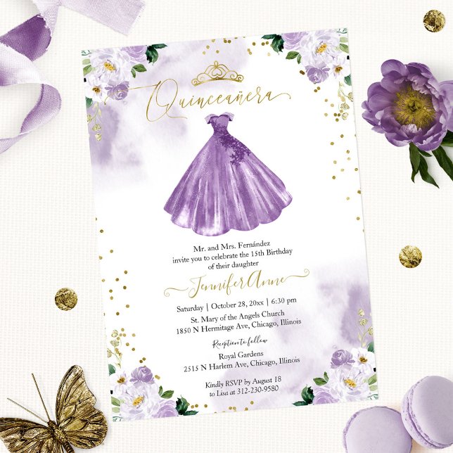 Purple Floral Quinceanera Invitation Bilingual (Creator Uploaded)
