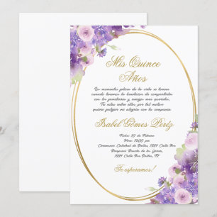 Purple floral Quinceanera invitation in Spanish