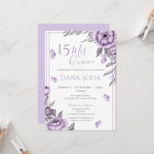 Purple Floral Quincenera Invitation Spanish (Front/Back In Situ)