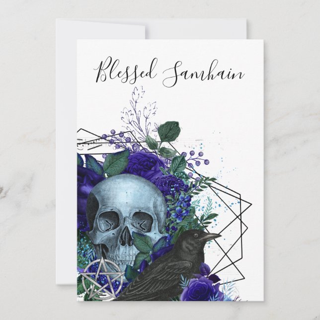 Purple Floral Raven Blessed Samhain Pagan Greeting Card (Front)