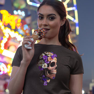 Purple Floral Realism Womens Day of the Dead Skull T-Shirt