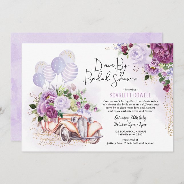 Purple Floral Retro Car Drive By Bridal Shower Invitation (Front/Back)
