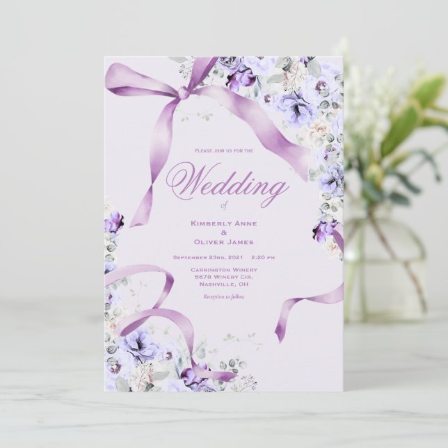 Purple Floral Ribbons Elegant Wedding Invitation (Standing Front)