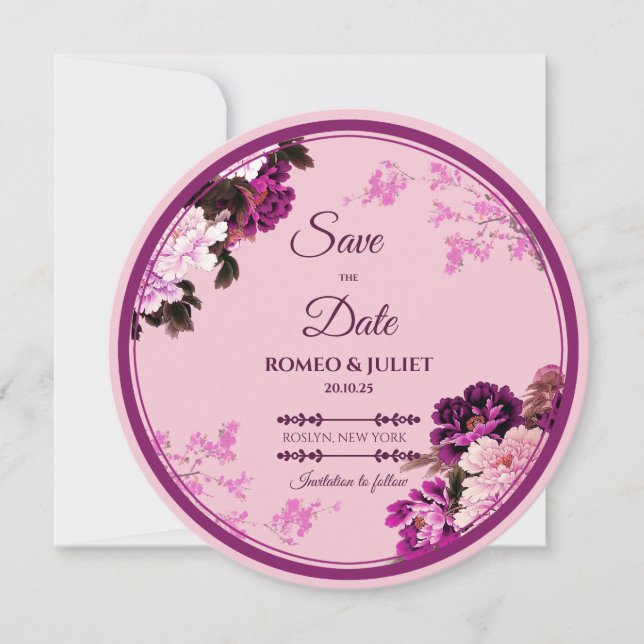Purple Floral Ring Wedding Save the Date Card (Front)