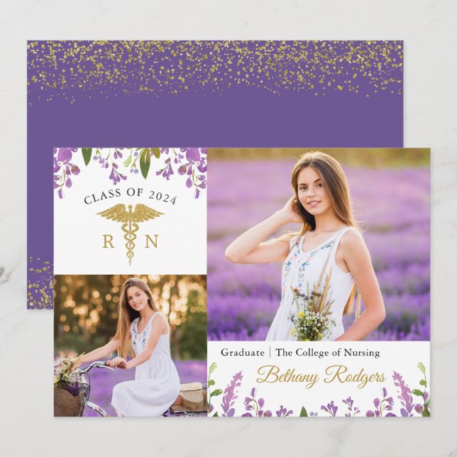 Purple Floral RN Nursing Graduation Announcement (Front/Back)