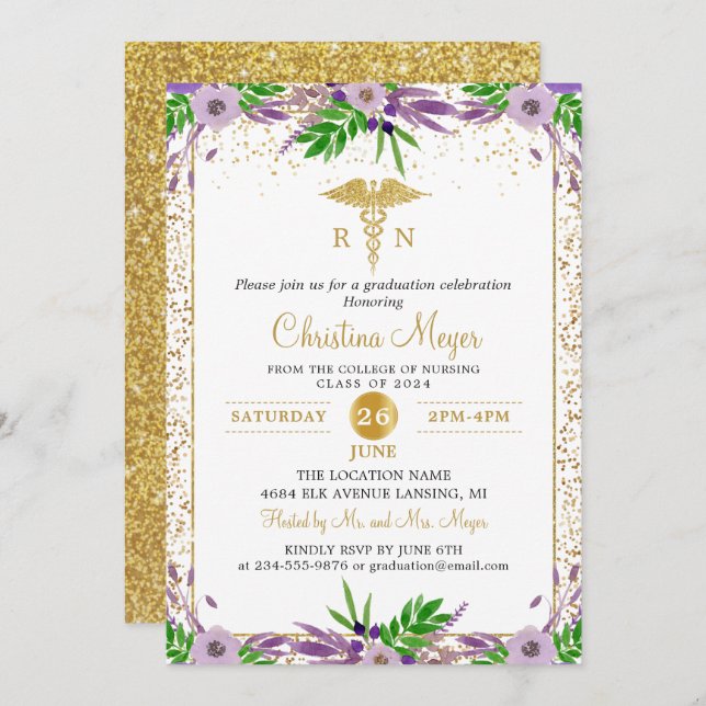 Purple Floral RN Nursing School Graduation Party Invitation (Front/Back)