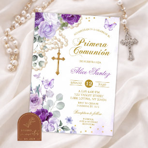 Purple Floral Rosary Catholic First Holy Comm Invitation