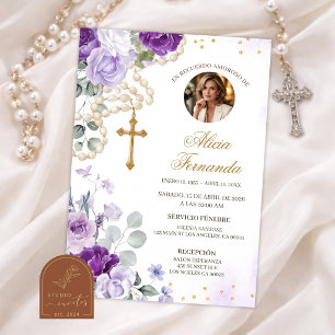 Purple Floral Rosary Catholic Funeral Invitation