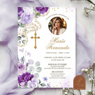 Purple Floral Rosary Catholic Funeral Invitation