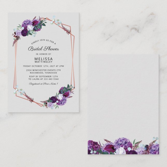 Purple Floral Rose Gold Frame Bridal Shower Budget Card (Front/Back)