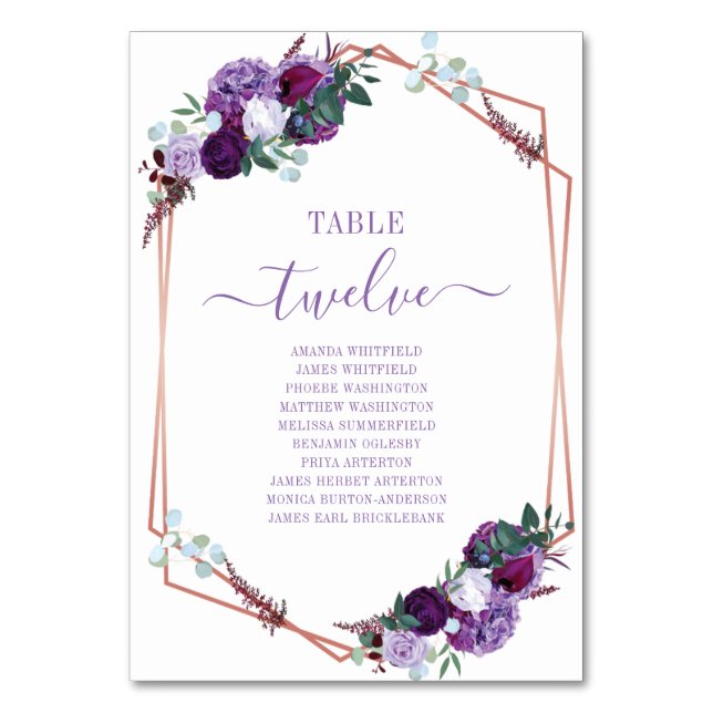 Purple Floral Rose Gold Frame Wedding Seating Card (Front)