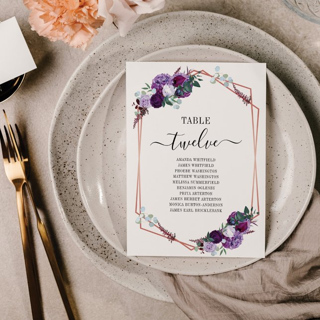 Purple Floral Rose Gold Frame Wedding Seating Card (Creator Uploaded)