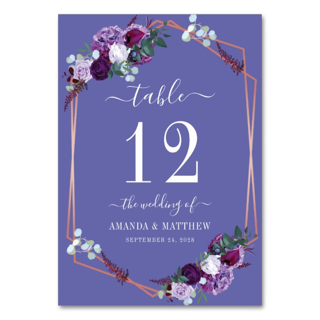 Purple Floral Rose Gold Frame Wedding Table Number (Front)