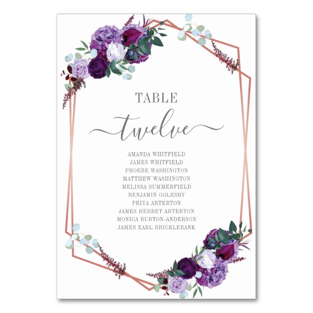 Purple Floral Rose Gold Frame Wedding Table Number (Front)