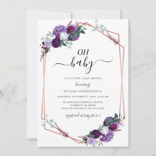Purple Floral Rose Gold Geometric Baby Shower Invitation