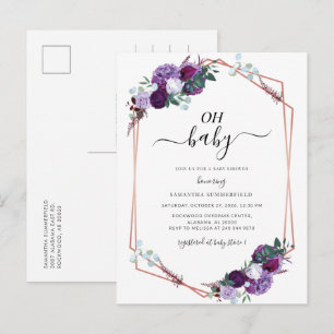 Purple Floral Rose Gold Geometric Baby Shower Invitation Postcard
