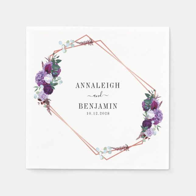 Purple Floral Rose Gold Geometric Frame Script Napkin (Front)