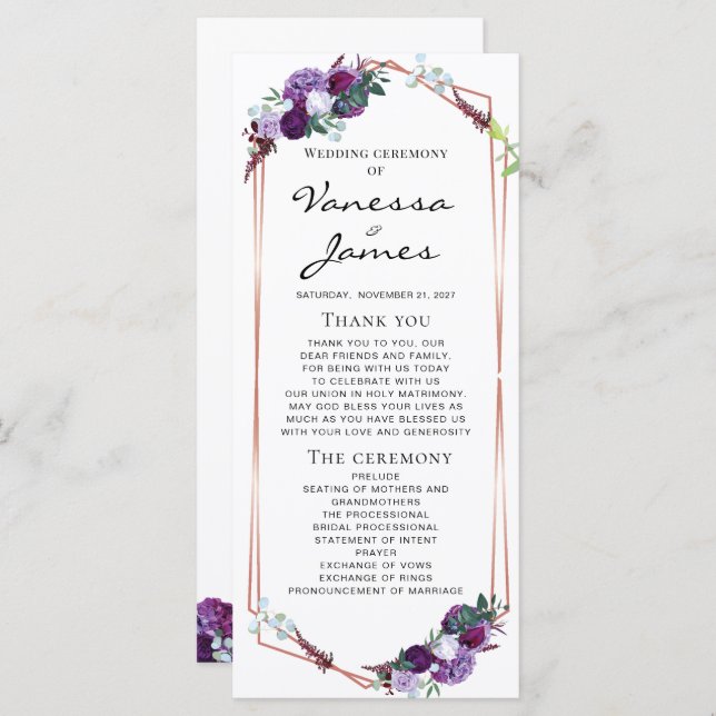 Purple Floral Rose Gold Geometric Frame Wedding (Front/Back)