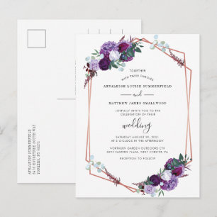 Purple Floral Rose Gold Geometric Wedding Invitation Postcard