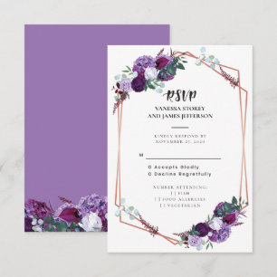 Purple Floral Rose Gold Geometric Wedding RSVP Invitation