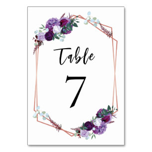 Purple Floral Rose Gold Geometric Wedding Table Number