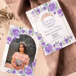 Purple floral Rose gold tiara princess Quinceanera Invitation