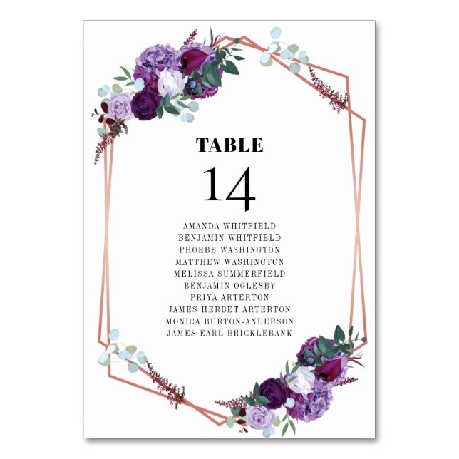 Purple Floral Rose Gold Wedding Seating Card (Front)