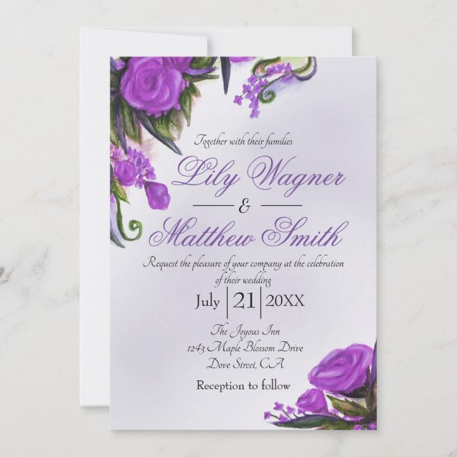 Purple Floral Rose Greenery Wedding Invitation (Front)
