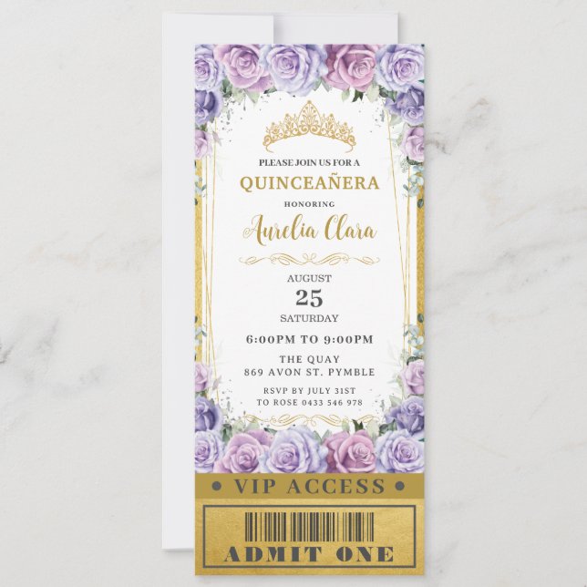 Purple Floral Rose Quinceañera Sweet 16 VIP Ticket Invitation (Front)