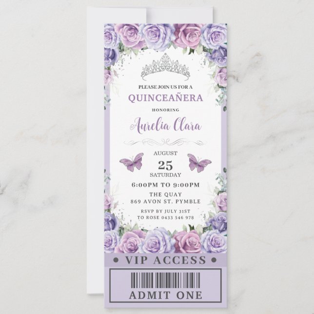Purple Floral Rose Quinceañera Sweet 16 VIP Ticket Invitation (Front)