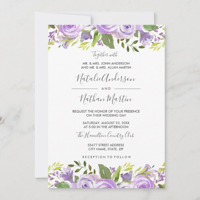 Purple Floral Rose Watercolor Wedding Invitation (Front)