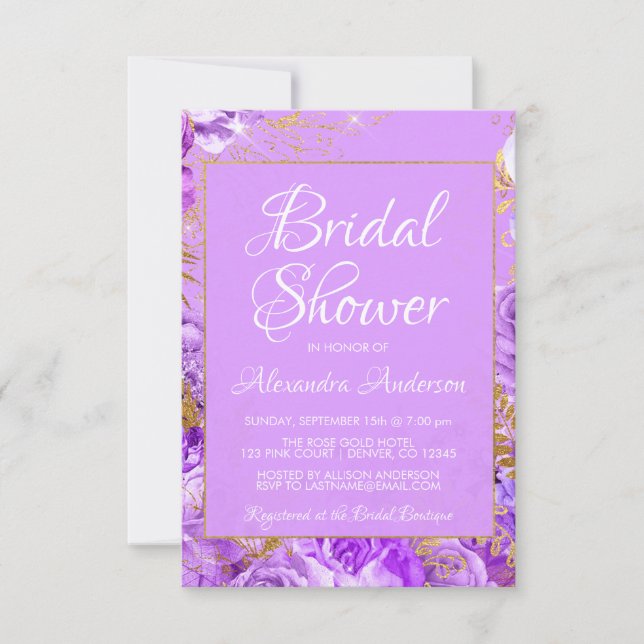 Purple Floral Roses Bridal Shower Monogram Invitation (Front)