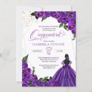 Purple Floral Roses Elegant Gown Quinceanera Invitation