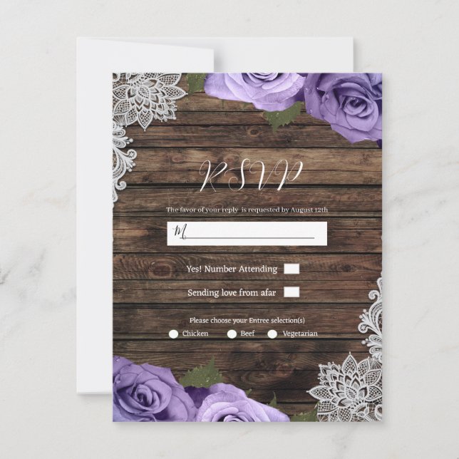Purple Floral Roses Rustic Lace Wedding RSVP  Invitation (Front)