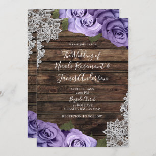 Purple Floral Roses Rustic Wood & Lace Wedding Invitation