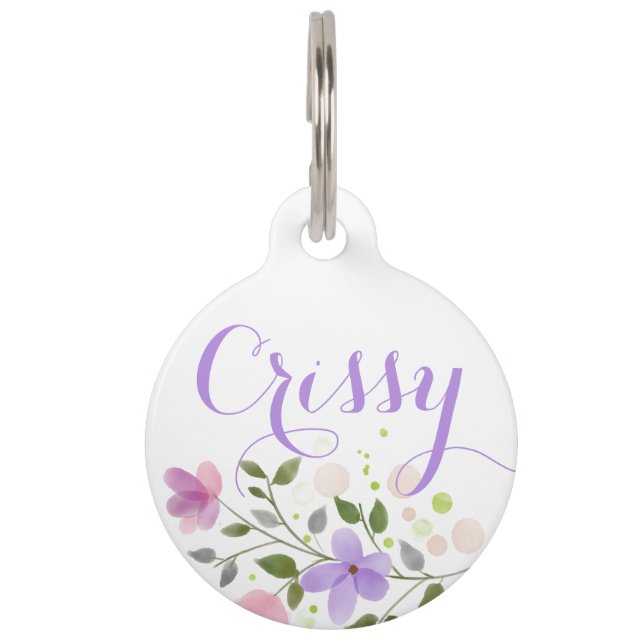 Purple Floral Round Pet Tag (Front)