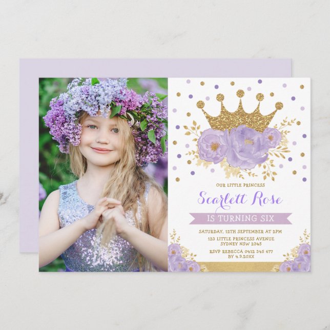 Purple Floral Royal Crown Princess Birthday Party Invitation (Front/Back)