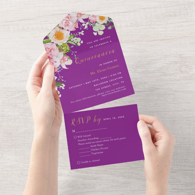 Purple Floral RSVP Trifold Event Invitation (Tearaway)