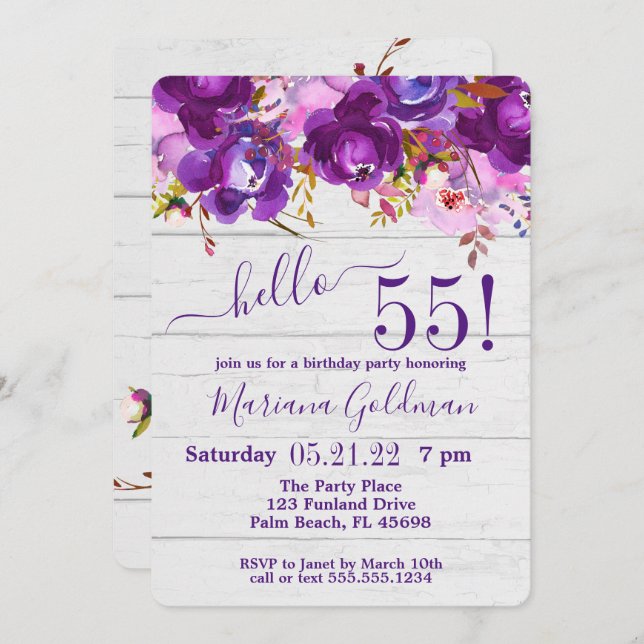 Purple Floral Rustic 55th Birthday Party Invitation (Front/Back)