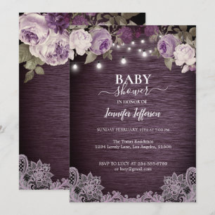 Purple Floral Rustic Baby Shower Invitation