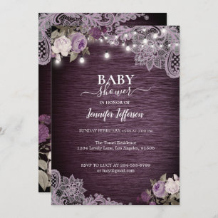 Purple Floral Rustic Baby Shower Invitation