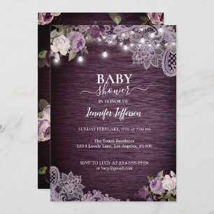 Purple Floral Rustic Baby Shower Invitation
