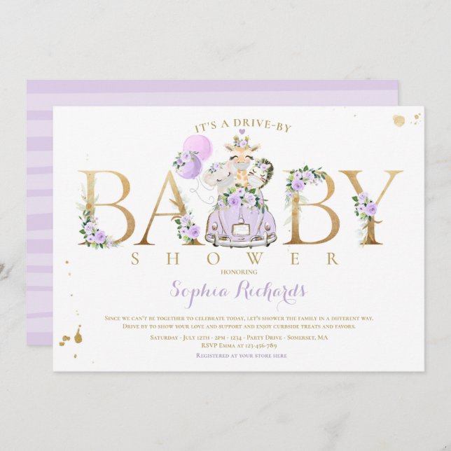 Purple Floral Safari Animals Drive By Baby Shower Invitation (Front/Back)