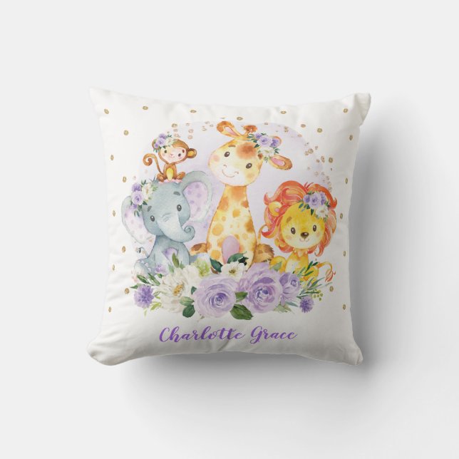Purple Floral Safari Jungle Animals Girl Nursery Cushion (Front)
