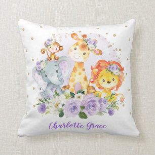 Purple Floral Safari Jungle Animals Girl Nursery Cushion